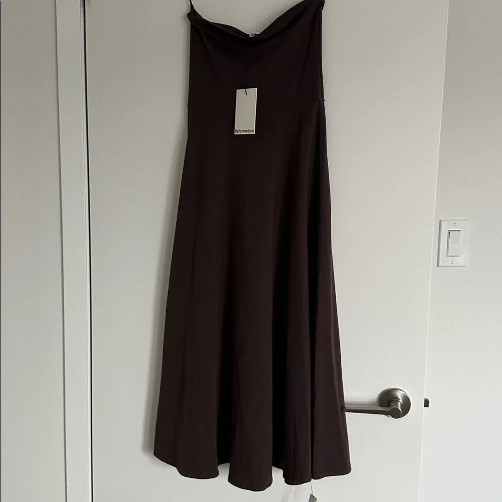 Reformation Lora Knit Strapless A-Line Midi Dress in Dark Brown *NEW* - Picture 4 of 5